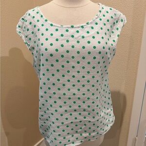 Luca Vanucci 100% Linen Top 42" Green Polka Dot Round Neck Blouse Cap Sleeves L